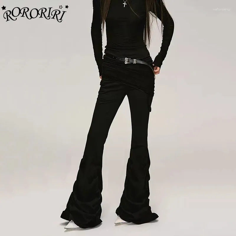 DHgate.com:Womens 90s Retro Ruched Flare Jeans, Solid Black