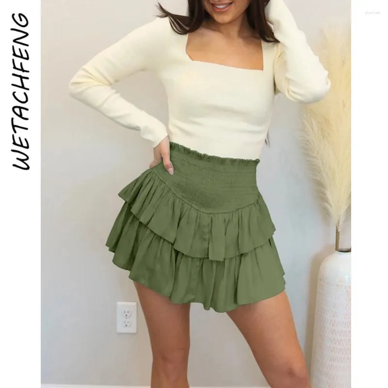 Skirts Green Women Clothing Summer Kawaii Sexy Ruffles Ruched Mini Fashion Party Holiday Beach Boho Club Short Dresses