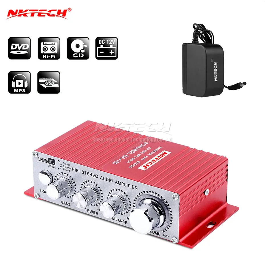 Amplificatore nktech MA180 auto Digital Audio Player Power Amplificatore Mini 2Ch X 20W HiFi Stereo Bass Bass Balance Balance Amp Amplifica USB MP3 DVD Ingresso