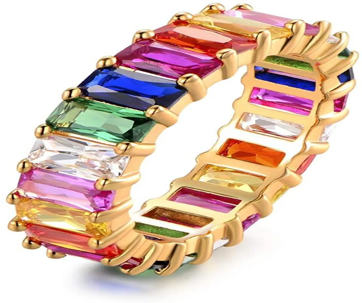 Anillos de boda Eternity Rainbow Ring Band for Women 18k Gold Emeraldcut Multi Color createdGemstone4789656