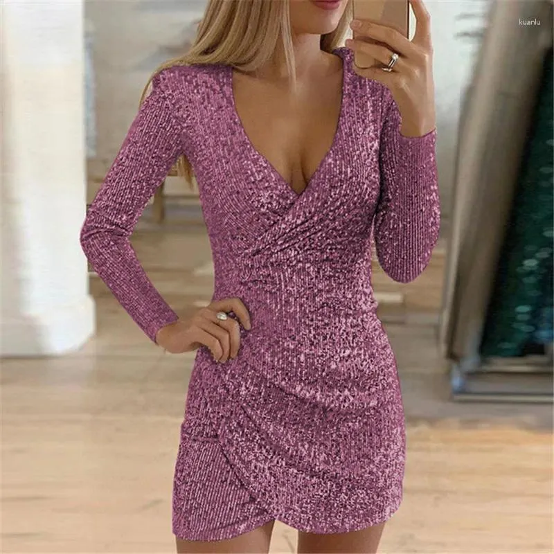 Robes décontractées 2024 Automne Femmes Slim Robe Sexy Sexy Long Manche V Cou Nou Elegant Birthdans Bodycon Robes Fashion Sequins Party Mini même robe