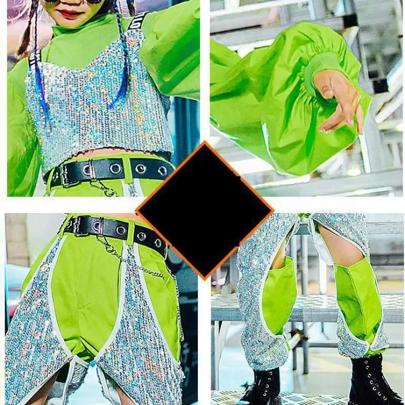 Girls Hip Hop Dancing Clothing Kid Pools Stitching Green Jazz Costumes Performance DanceWear Street Dance Stage Desse Outfit