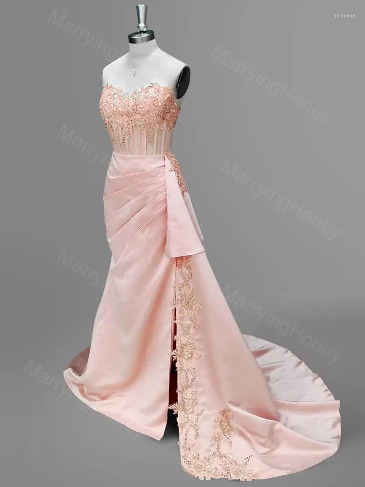Festklänningar axelfria 3D -blommor prom med hög slitskorg över formell aftonklänning för kvinnor lång ruched cocktailklänning
