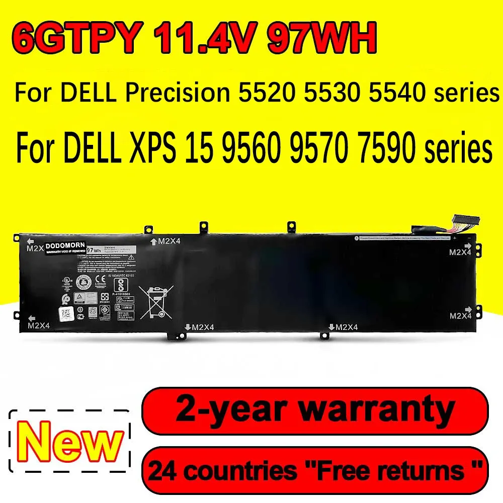 Батареи Новая 6GTPY ноутбук для Dell XPS 15 9570 9560 7590 6550 для Dell Precision 5520 5530 5540 5510 серии Notebook 11.4V 97WH