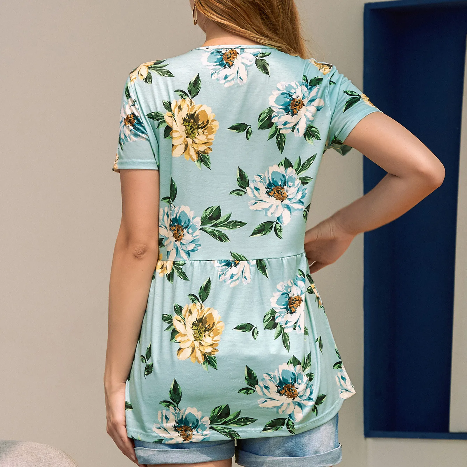 Nieuwe bloemen Zwangerschapsverpleegkundige tops Print Plus Maat Groene korte mouw Zwangerschap Kleding Vrouwen groot formaat zwangerschapskleding