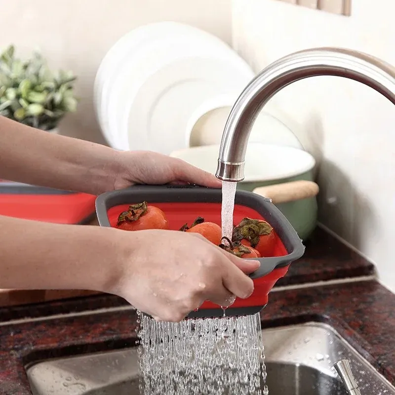 Silikon Plastik Quadrat Frucht Gemüse Waschkorb faltbare Colandersisten Küche Gardgets Accessoires