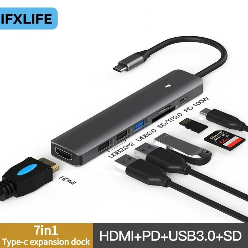 Nav ifxlife typec dockningsstation HDMI 4K HD USBC 7in1 Hub Laptop Converter