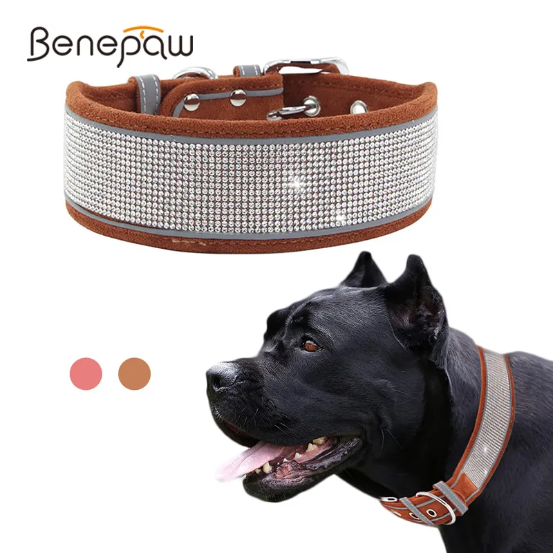 Benepaw Bling Rhinestone Dog Collar Soft Stylish Comfortable Adjustable Reflective Stripe Pet Collar For Small Medium Large Dogs