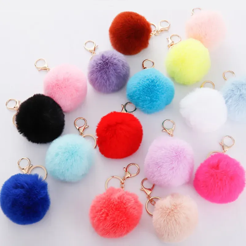 8 cm Pompom Keychain Rings Bag Charms Car Keyring Holder Gold Key Chains Pompons Fake Faux Rabbit päls Diy Pom Poms Balls Fashion Women ll