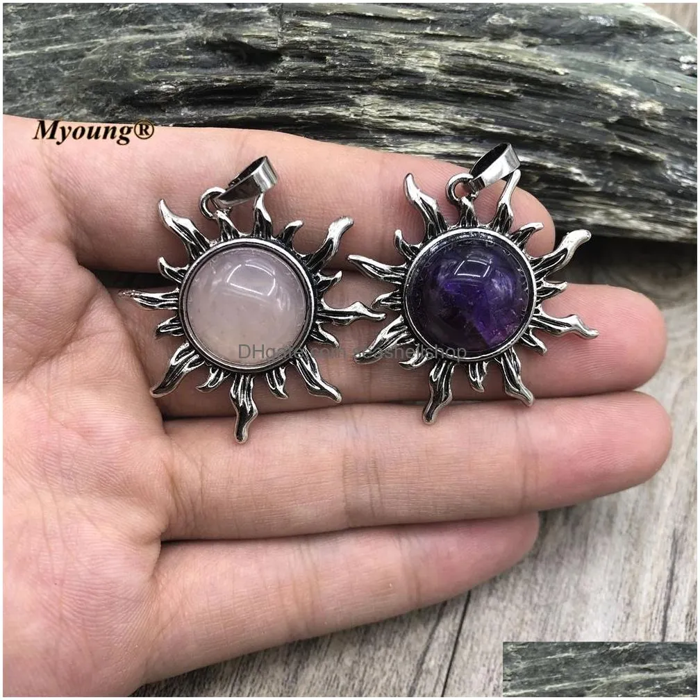 Colares pendentes jóias naturais redondas antigas tigre lapis stone rosa quartzs de cristal ametistas pingentes de sol vintage para colar je dhyxe