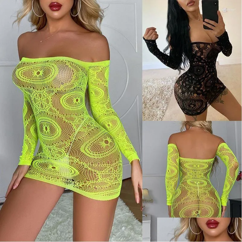 Dames slaapkleding sexy vrouwen korte jurk visnet babydoll lingerie wrap mini kanten bloemen doorzichtige holte uit nachtkleding drop deliv dho6l