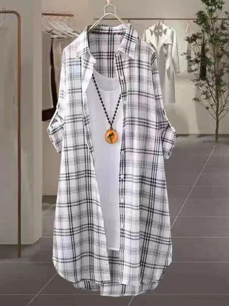 Plus -storlek Casual Plaid Chic Point långärmad blus Kvinnor Midlängd koreansk stil överdimensionerad vintergatekläder kläder 240403