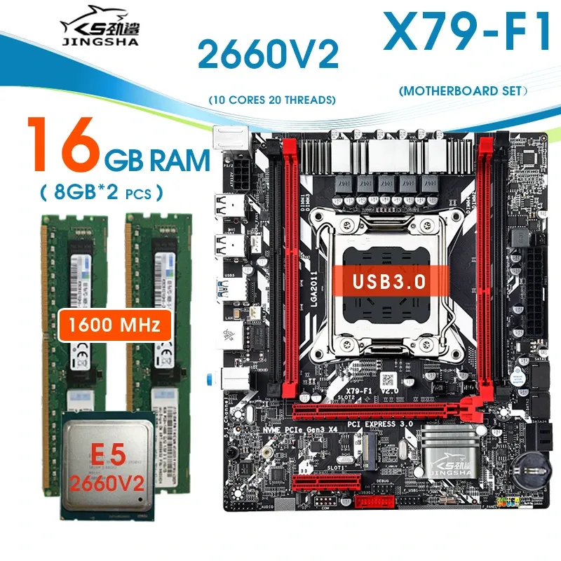 Moederborden X79 F1 3.0 Moederbord Kit Xeon E5 2660 V2 LGA 2011 CPU 2*8GB = 16 GB 1600 DDR3 ECC REG Reggeheugenset X79 Placa Mae Sata3.0 Combo