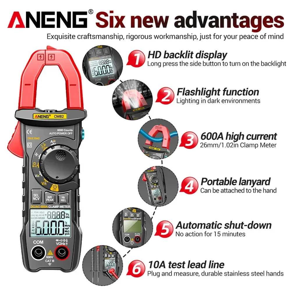 ANENG CM82 Digital clamp meter T-RMS Ammeter Voltage Car Amp Hz Capacitance NCV Ohm Test multimeter digital profesional tester