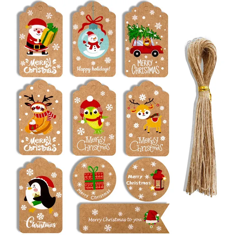 50Set Retro Christmas Kraft Gift Taggar Söta hjortar Penguin Car Xmas Party Decor Hang Taggar Diy Packaging Label Card Price Etikett