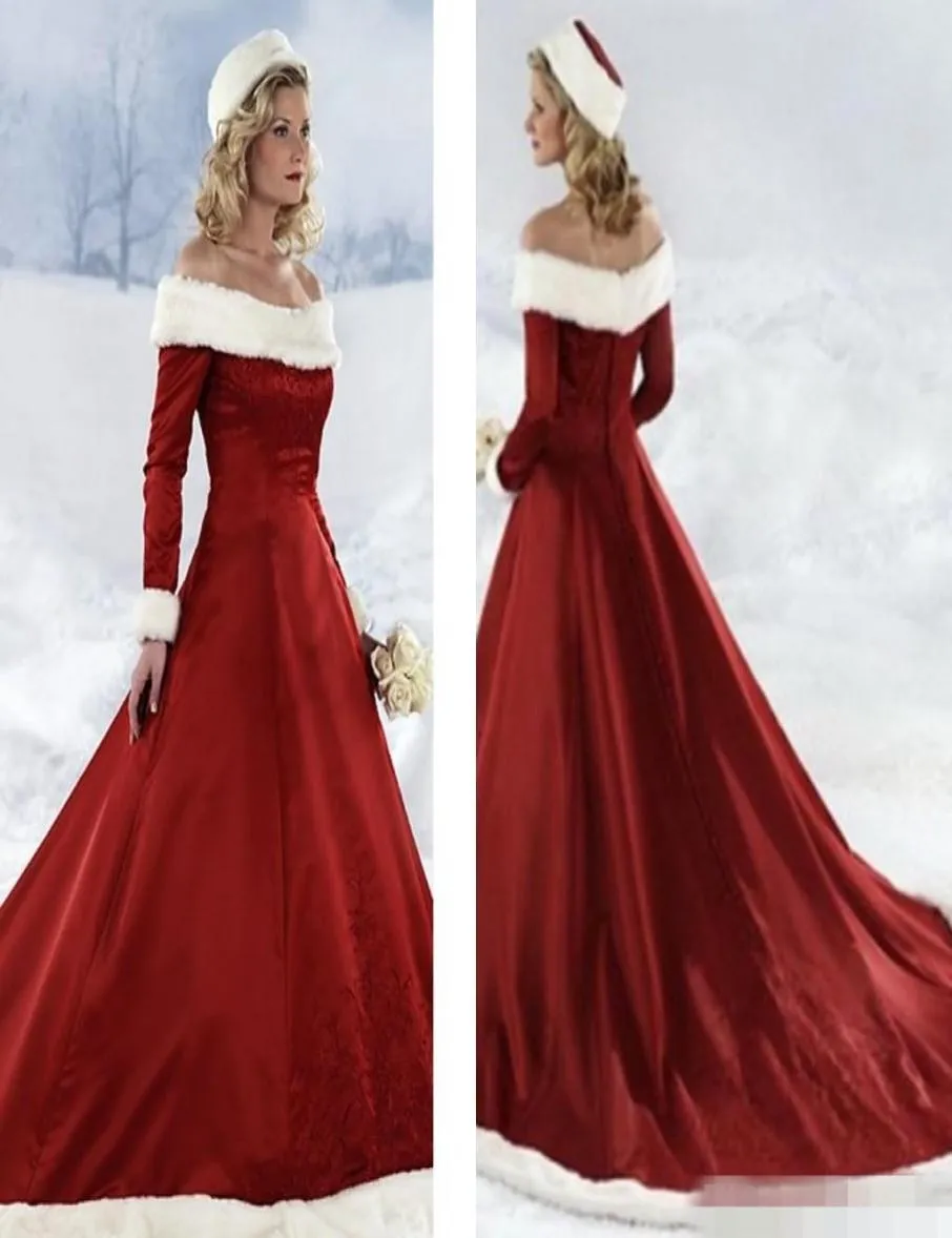 Winter trouwjurken Vintage Off Shoulder Borduursels Lange mouwen Rode bruidsjurken Court Train Fall Winter Christmas Wedding D7296854