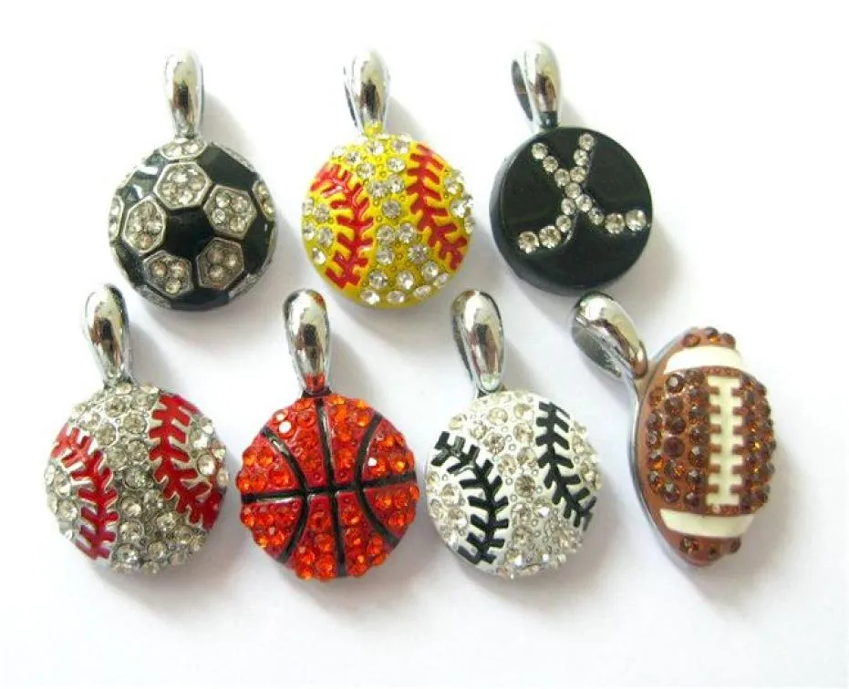 10pcs Mix Styles Base Basket Football Softball With Rhinestone Hang Pendant Charms 15x15mm Fit DIY BraceletNecklace Key ChainPh9640886