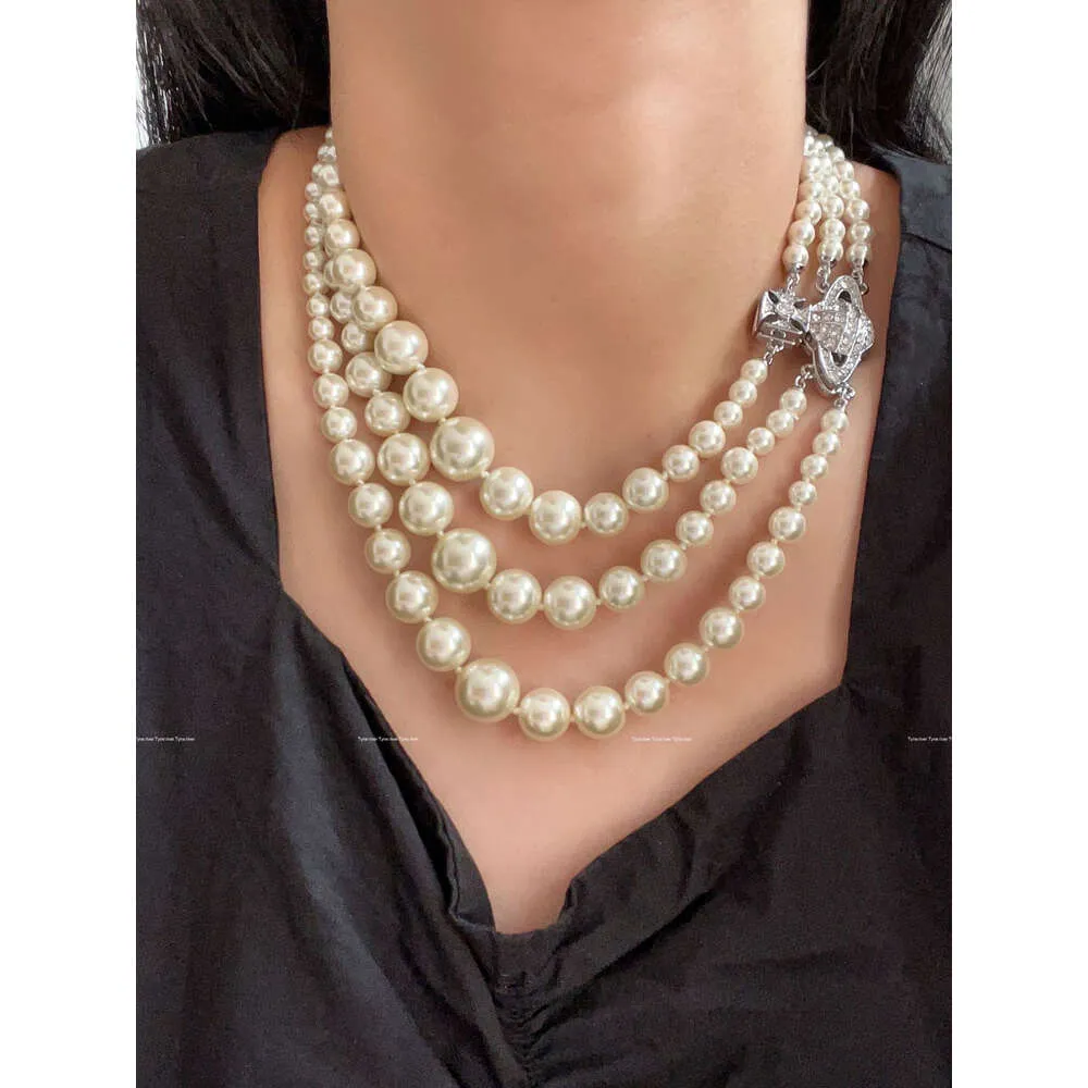 Designer Viviane Westwood Empress Dowager Xis Three-layer Pearl Magnet Clasp Saturn Necklace High-end Heavy Duty Gradient Pearl Necklace