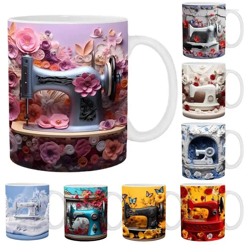 Mugs 3D Flat Painted Sewing Machine Mug 350ml Coffee Cup With Handle Ceramic Creative Space Effect For Bar