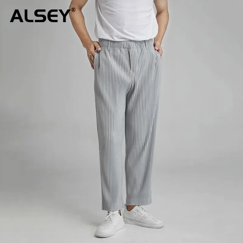 Alsey Miyake高品質のメンズプリーツパンツルーズワイドレッグパンツ秋のストレートカジュアルパンツウエスタン2023トレンディ服240326