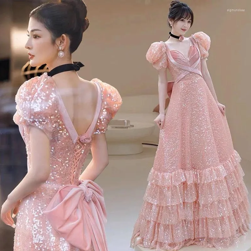 Runway Dresses Shiny Pink Luxury Celebrity Puff Sleeve Sequin Backless Slim Pearl Princess Bow Formal Party Evening Prom Clows 2024