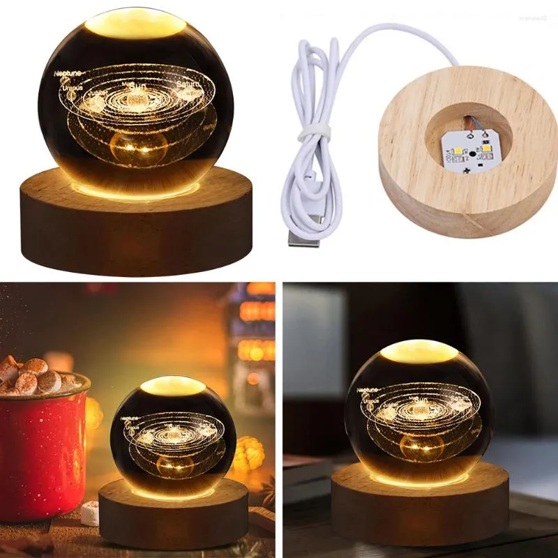 Figurines décoratives LED Crystal Ball Night Light Lampe brillante Système de voie laiteuse avec un cadeau de charge USB de base en bois pour les enfants