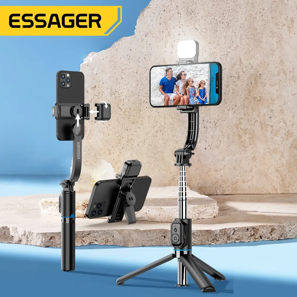 Attacchi Essager Wireless Bluetooth Selfie Stick Portable Tripode pieghevole con lampada leggera di riempimento dell'otturatore remoto per smartphone Android iOS