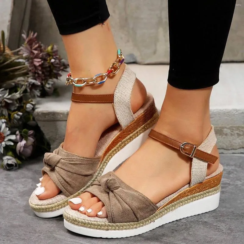 Sandals Women Lightweight Colorblock Knot Decor Espadrille Vacation Faux Suede Ankle Strap Wedge For Lace Up