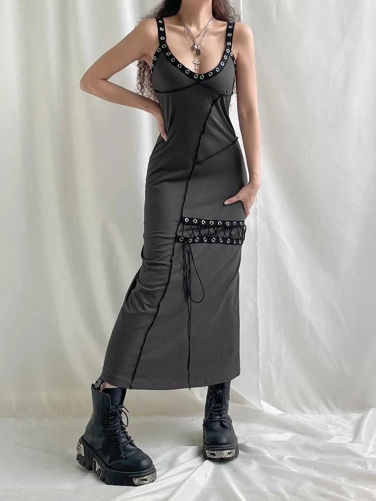 Casual Dresses Grunge Gothic Eyelet Stitching Strap Long Dress Women Punk Style Lace Up Summer Party Dark Academia Esthetic