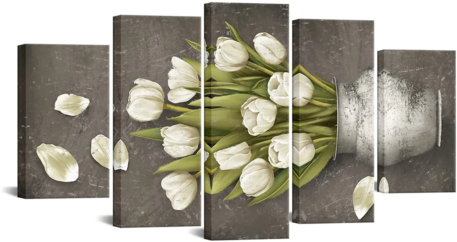 5 штук Tulip Wall Art White Floral Pictures Элегантный цветочный принт Canvas Современные художественные картины плакат HD Print