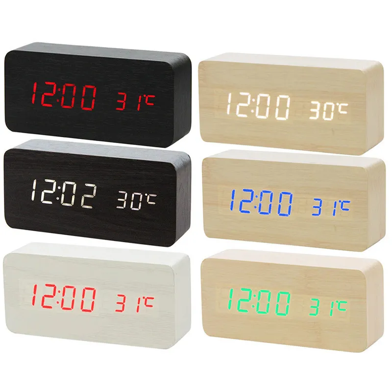 Wood Table Watch Digital Desktop Desk Clock Vintage Alarm USB/AAA Power Snooze Electronic Voice Control LED Clocks Bedside Bed