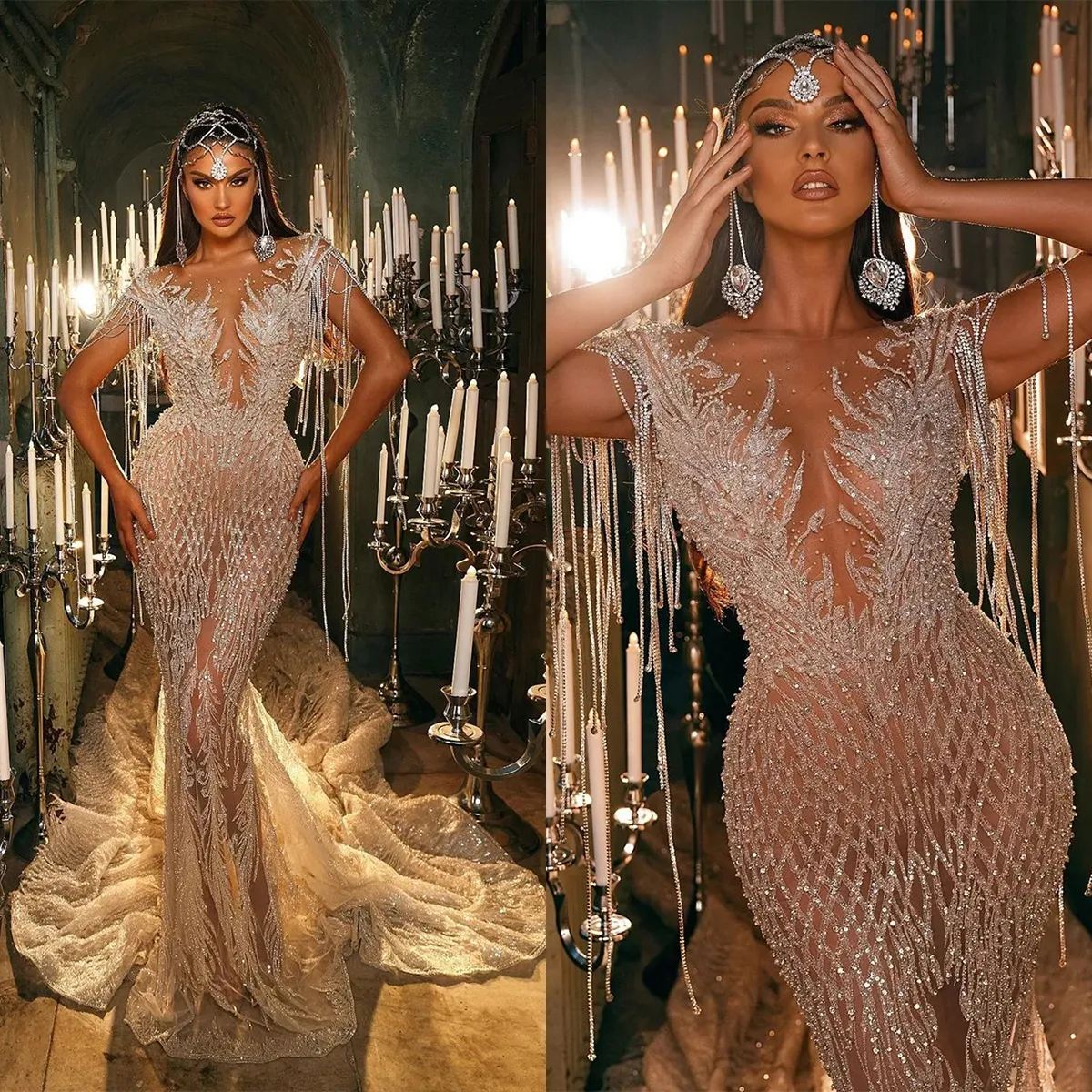 Glitter Mermaid Wedding Dresses See Through Bridal Gowns Pearl Sequins