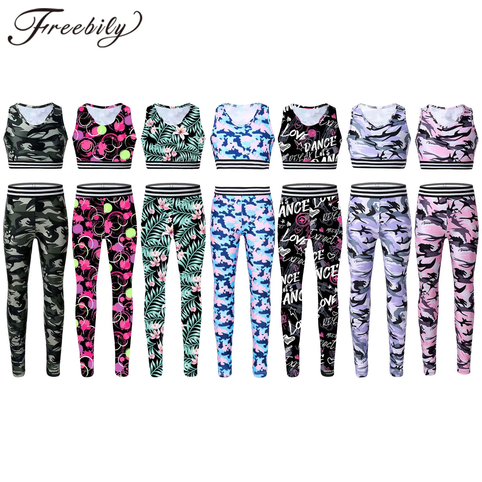 Ensemble Survêtement Danse Freebily Pour Fille – Débardeur à Fermeture Et Leggings Camouflage, Polyester/spandex, Pour Hip-hop, Yoga, Gym