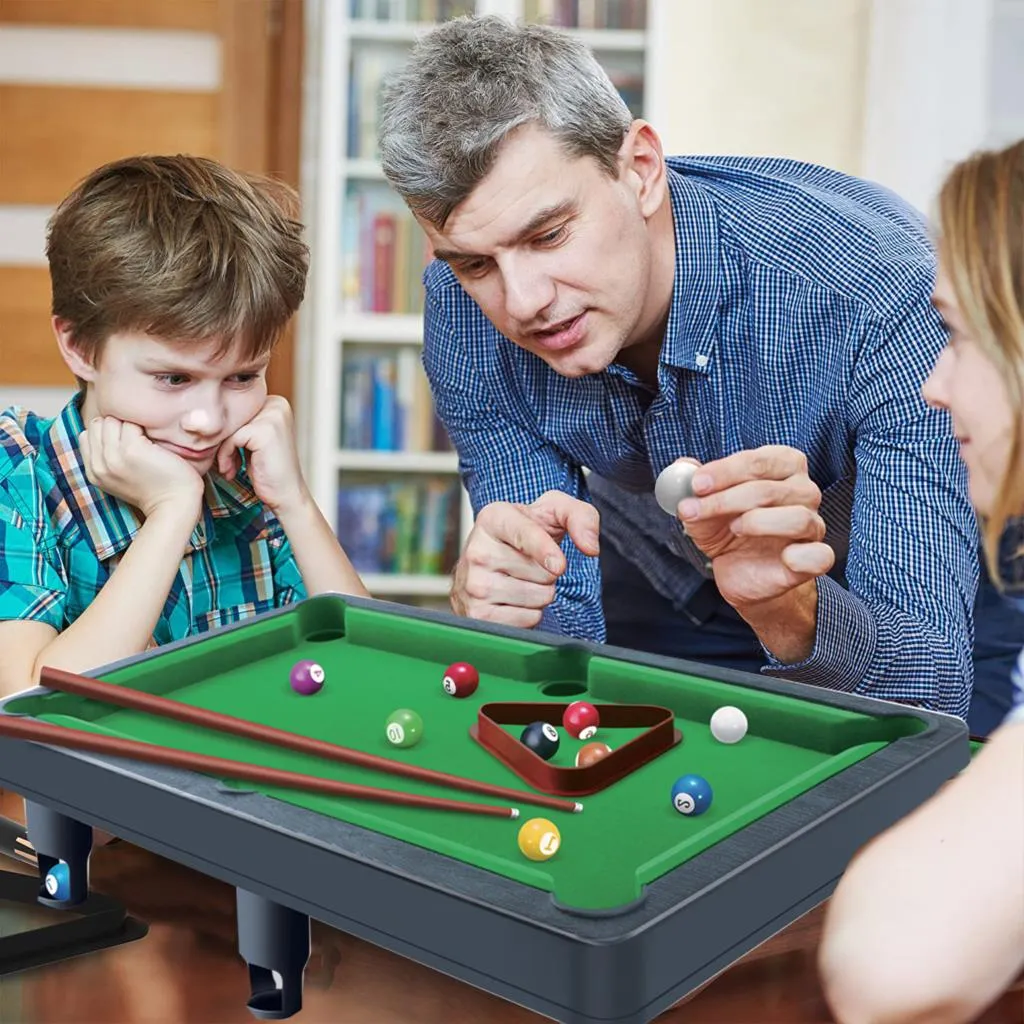 Table Top Pool , Billiards Game With With 16 Colored Balls, Cue Ball, Pool  Sticks, Racking Triangle \u0026 Chalk, Portable Wooden Table For Kids \u0026 Adults,  Home, Office Mini Pool Table, image size:1024x1024
