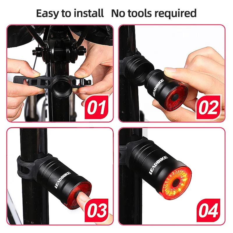 Leadbike Bicycle Smart Taillight Auto Start/Stop Brake Sensing Cykel bakre ljus IPX6 USB -laddningsbar LED -cykling bakljus