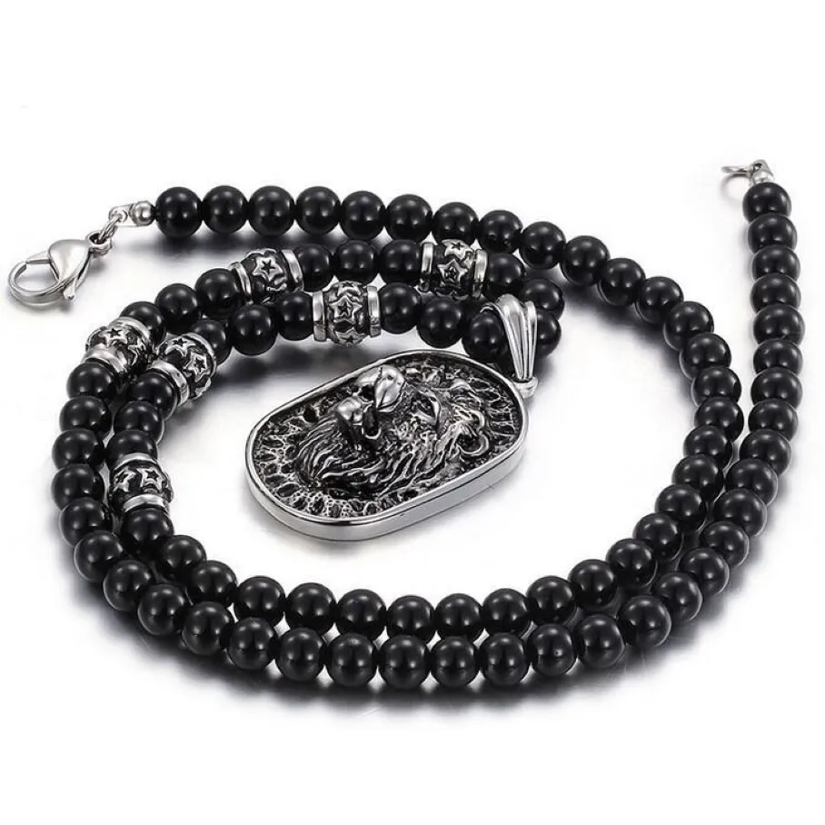 Punk Black Glass Bead Link Łańcuch Lion Wisiant Naszyjnik Kobiety Czarne dysze dhinestones Złote Srebrne 316L Sweter ze stali nierdzewnej 250S