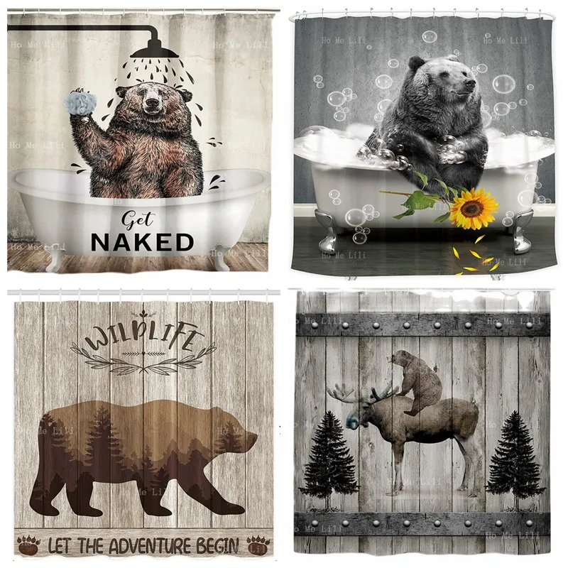 Urso engraçado vida selvagem animal marrom bolhas de girassol em banheira cabine de cabine de cabana madeira floresta rústica de aventura de chuveiro de chuveiro