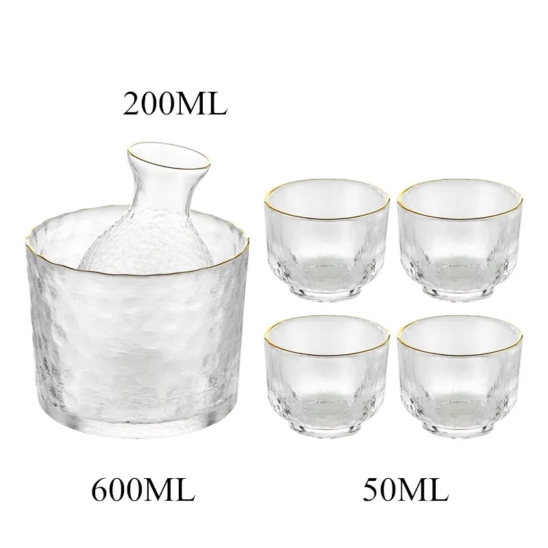 Japanese Sake Set Hammer Pattern Glass Gold Rimmed Cup Wine Warmer Korean Soju Cup Tequila Pot Whisky Cup Domestic Wine Set