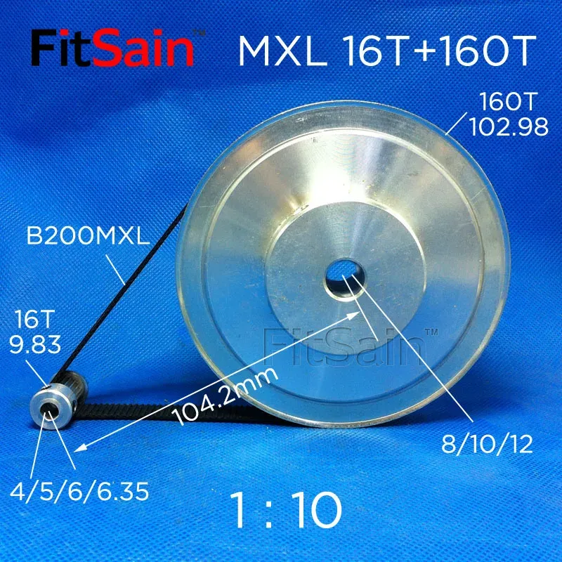 FITSAIN-MXL 16T + 160T 1:10 Largeur 10 mm Réduction de la poulie de moteur à pas de roue de roue synchrone