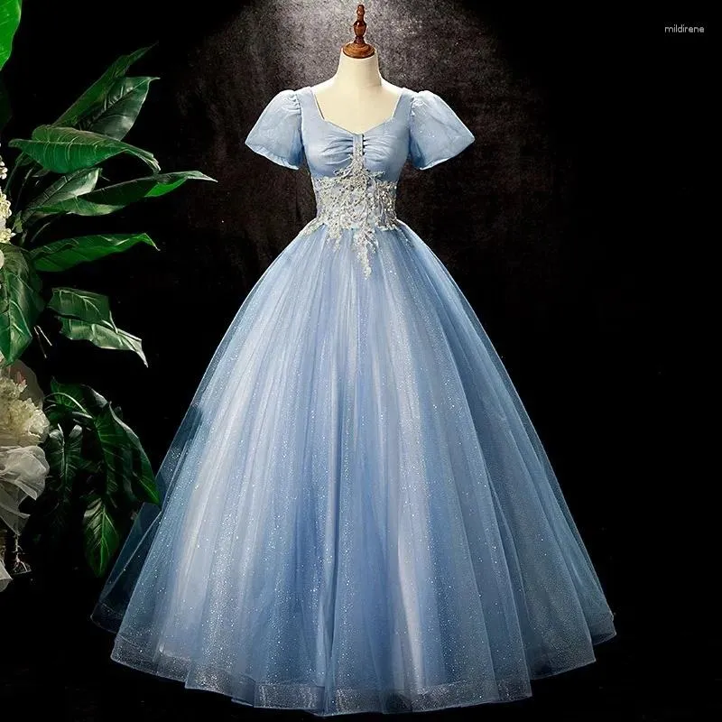 Abiti per feste 2024 Abito da ballo blu grigio blu maniche a soffio corto Appliques in pizzo da sera formale perle Vestidos de Gala Mujer