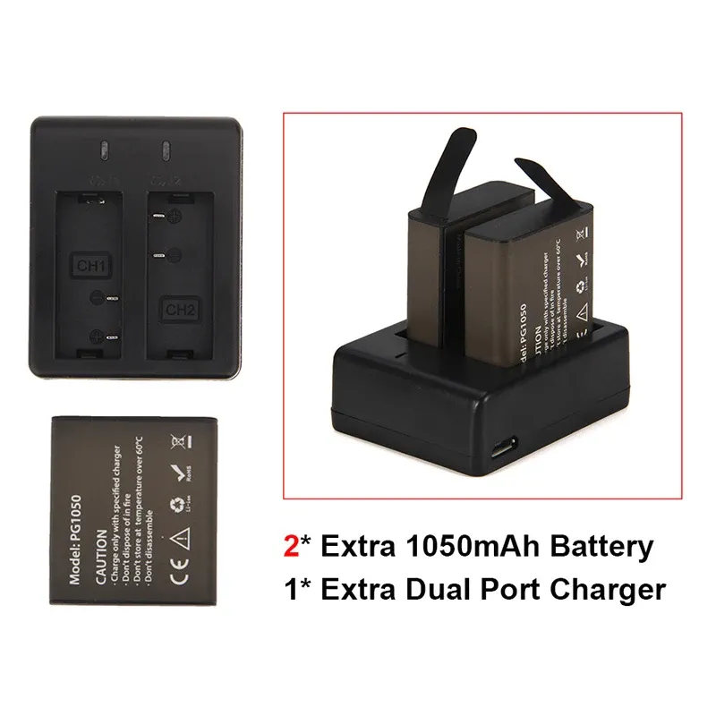 Kameror Action Camera Battery Set med 2st Battery + Dual Charger för EKEN H9 H9R H3 H3R H8Pro H8R H8 Pro V8S SJ4000 SJ5000