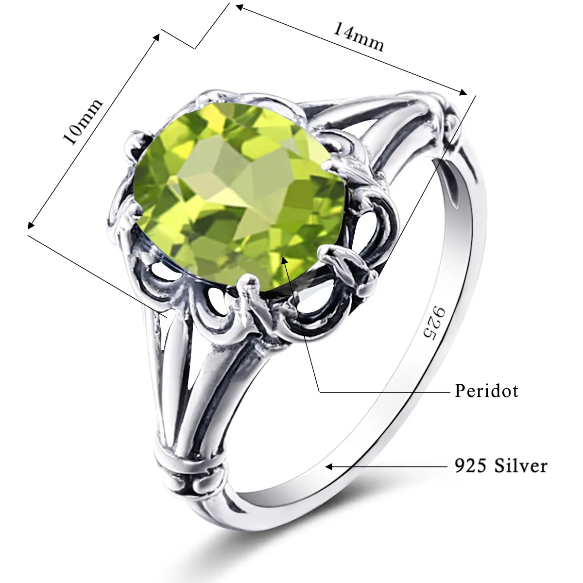 Echtes Sterlingsilber 925 Peridot Ring für Frauen Stein 8*10 mm ovales massives Vintage Neo-Gothic Jewelry Antiqued Filigree Frau