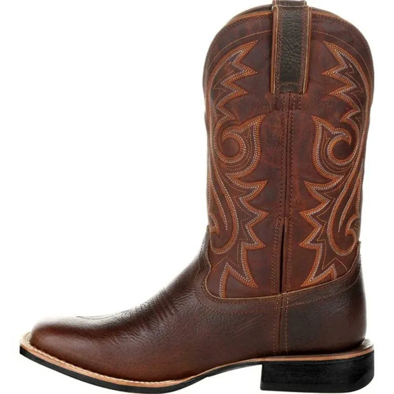 Mid Calf 840 Western Cowboy Motorcycle Male Autumn Outdoor PU Leather Totem Med-calf Boots Retro Designed Men Shoes 240407 Med-