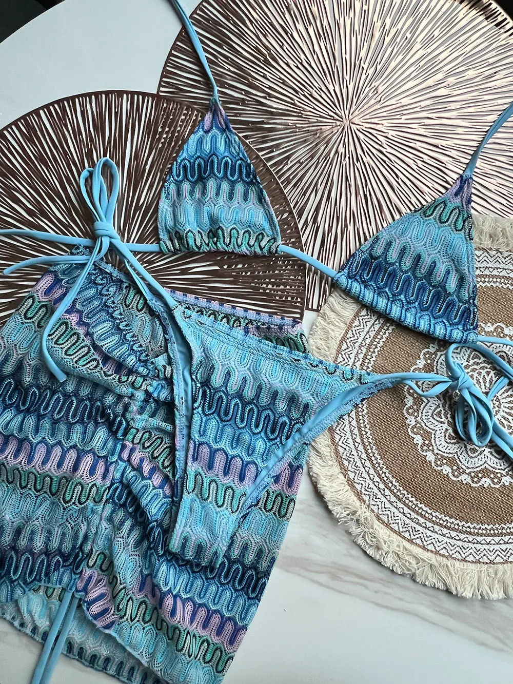 Paris Fashion Knitted 3 -częściowy zestaw bikini 2024 Luksusowe spódnice Paski stroje kąpielowe projektant kąpielowy Swimsut Seksowne plażowe odzież do kąpieli marka Niepatrzone Trikini XL