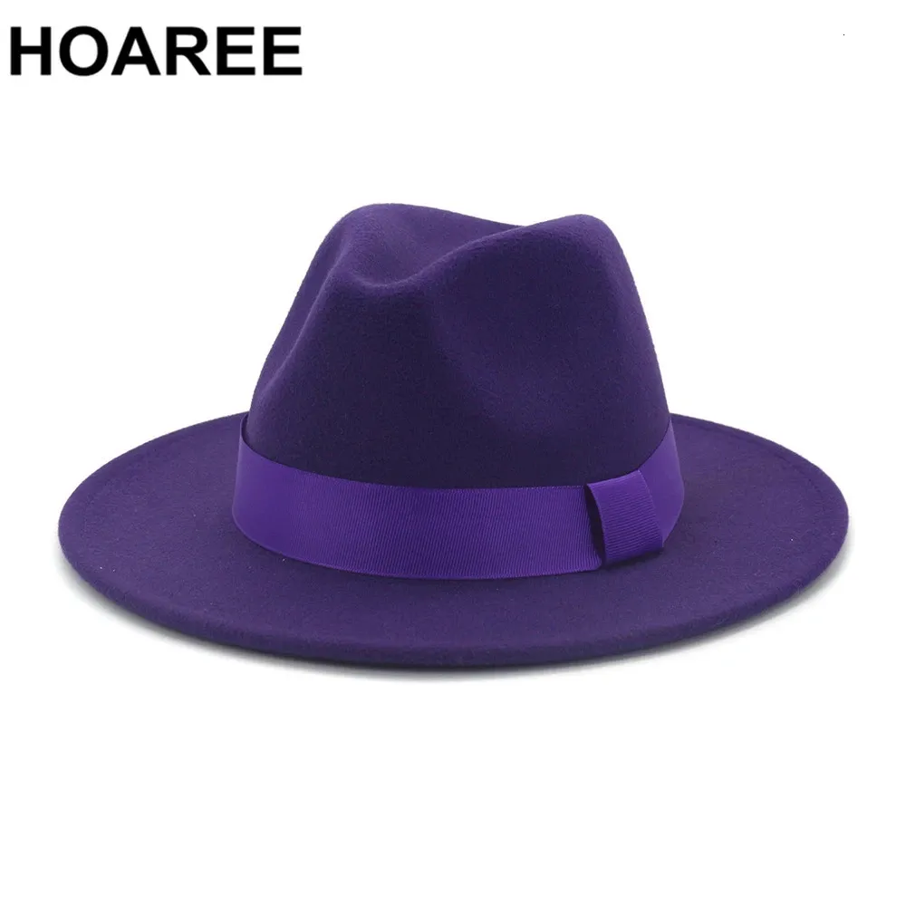 Hoaree Purple Wool Hat Jazz Fedora Cappelli da uomo Donne Brim Brim Sombrero British in stile British Trilby Formal Panama Cappello Solido Cappello 240322