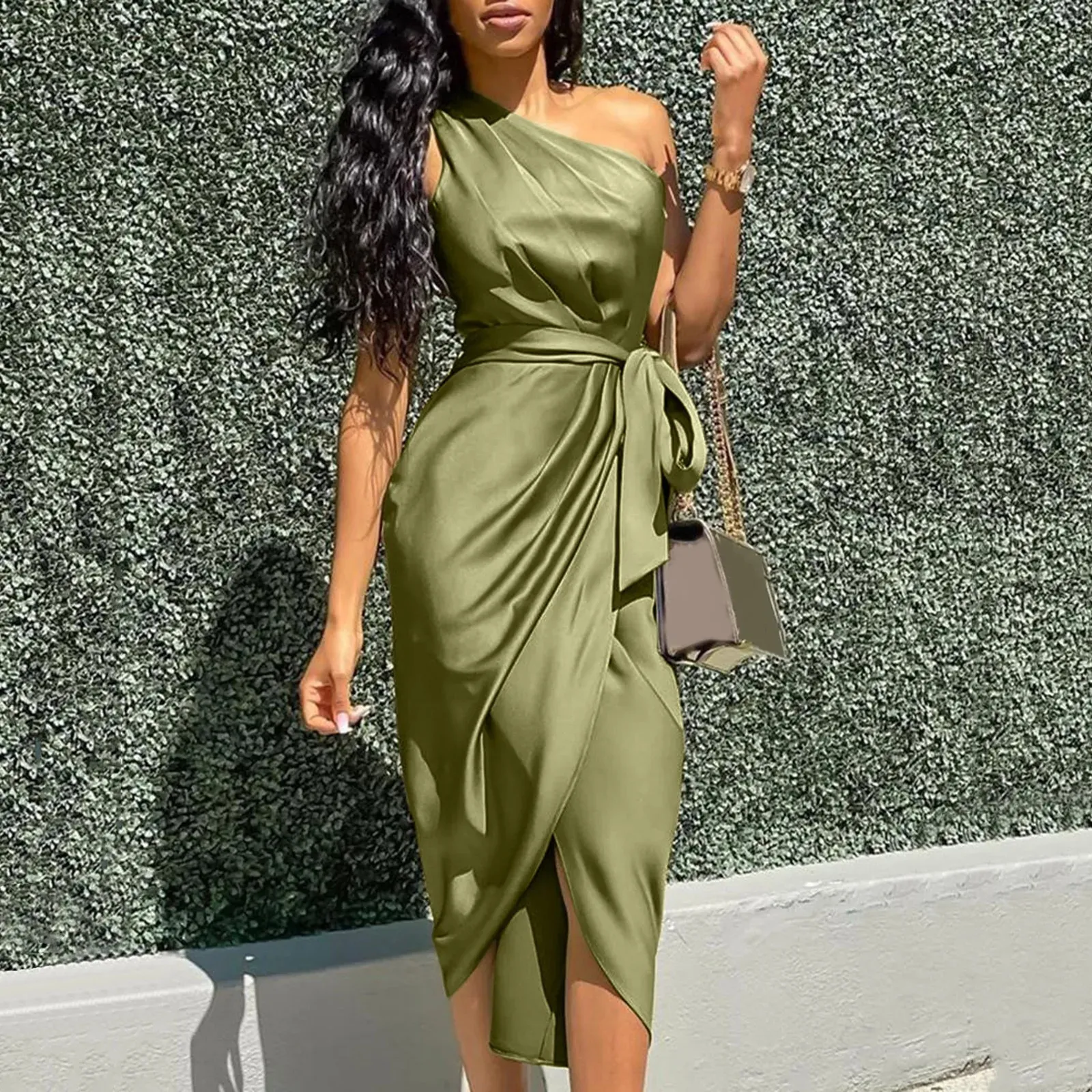 Summer Green Sexy One Shoulder Satin Asymmetrical Ruched Midi Evening Party Prom Dress Gown Bandage Plus Size Robe 240327Color: GreenGender: