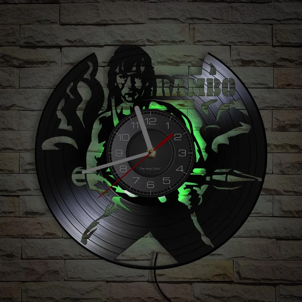 Rambo Movie Inspired Vinyl Music Record Wall Clock Man Cave Decor Soldier John Rambo Portrait Laser Etch Vinyl Disk Craft Clock