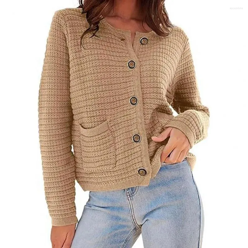 Kvinnors stickor Vintage Women Cardigan Top Single-Breasted Long Sleeve Round Neck Knit Commute Soft Pockets Lady Jacket