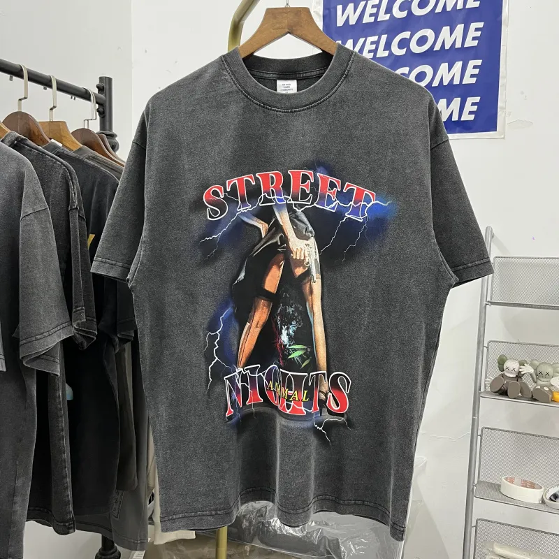 ヴィンテージウォッシュされたTシャツの男性女性特大のプリントティートップハイストリートカジュアルTシャツ