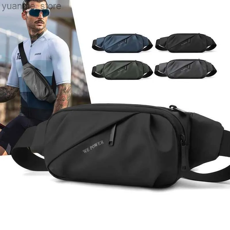 Sportväskor Herrmidja Väska Running Waterproof Nylon Multi-Purpose Travel Fashion Mens Suspender Chest Bum Hip Fanny Bag Y240410